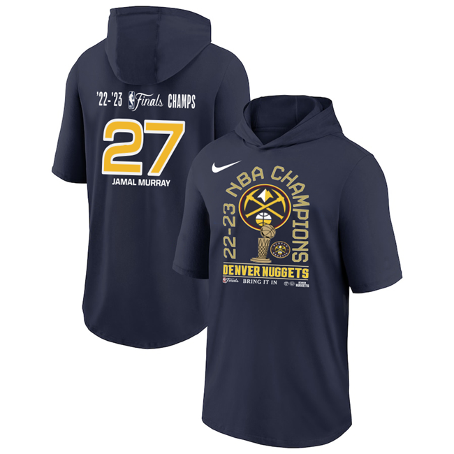 Men's Navy Denver Nuggets #27 Jamal Murray Performance Short Sleeve Pullover Hoodie