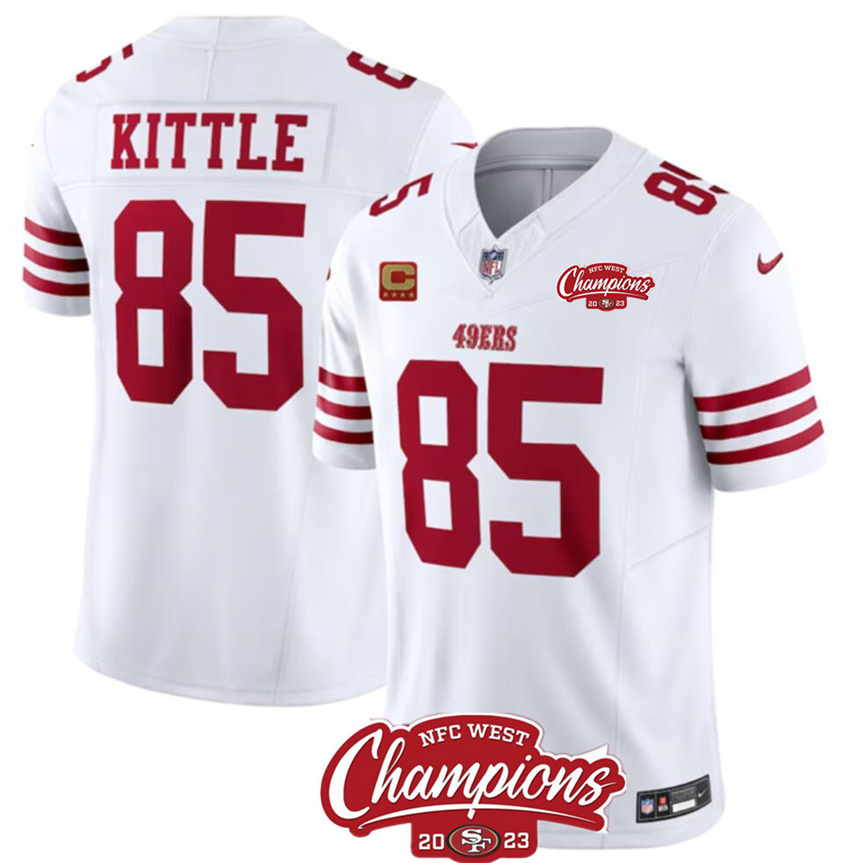 Men's White San Francisco 49ers #85 George Kittle 2023 F.U.S.E. With 4-star C Ptach And NFC West Champions Patch Stitched Football Jersey