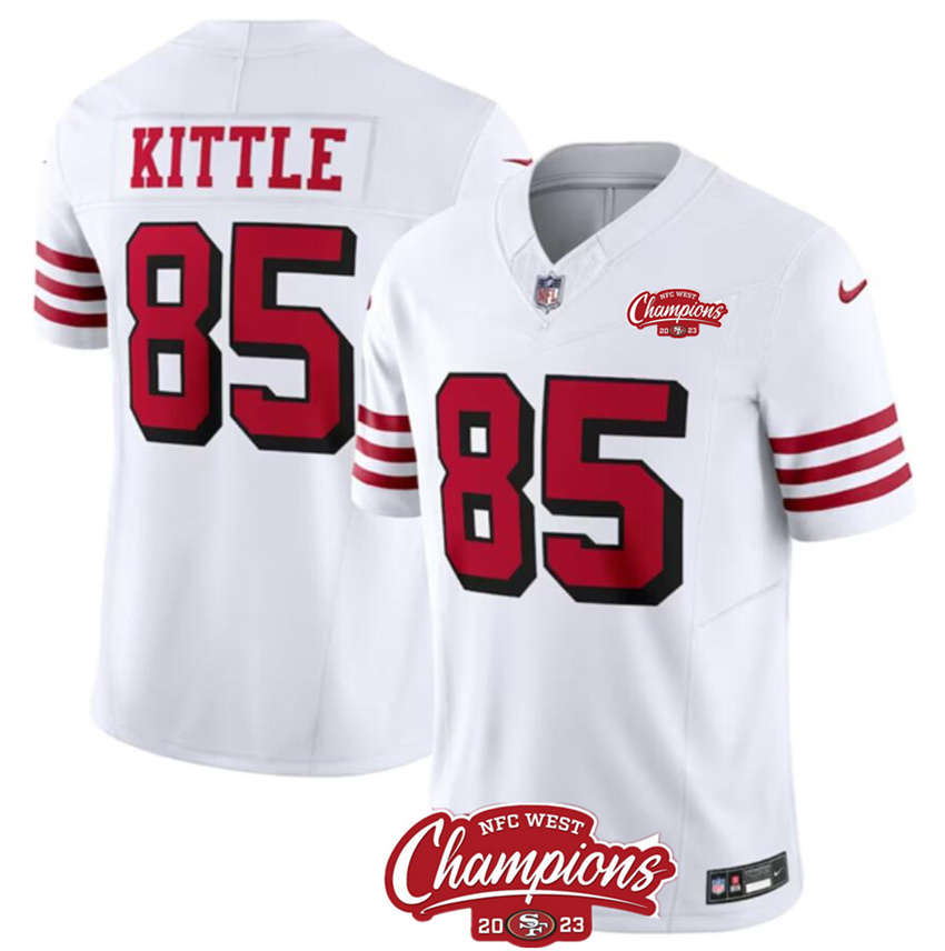 Men's White San Francisco 49ers #85 George Kittle 2023 F.U.S.E. NFC West Champions Patch Alternate Stitched Football Jersey