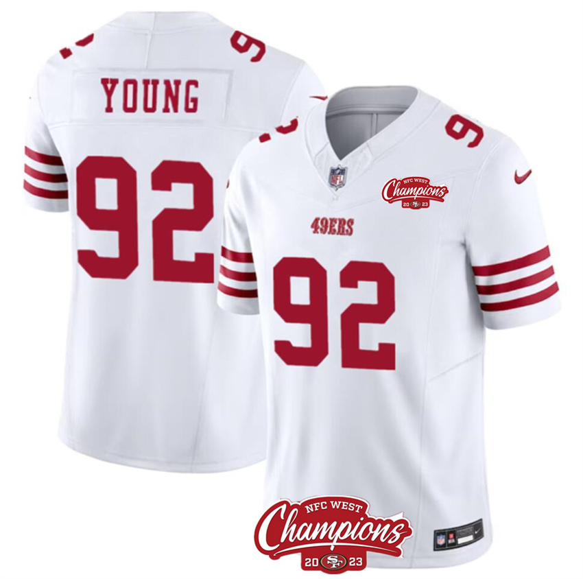 Men's White San Francisco 49ers #92 Chase Young 2023 F.U.S.E. NFC West Champions Patch Stitched Football Jersey