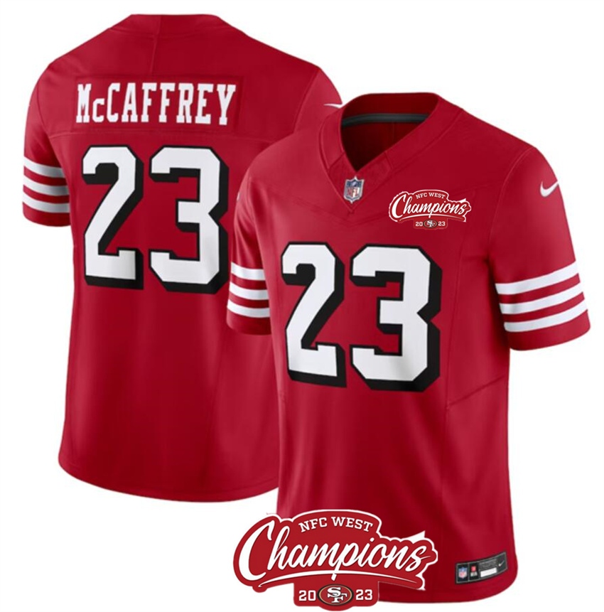 Men's Red San Francisco 49ers #23 Christian McCaffrey 2023 F.U.S.E. NFC West Champions Patch Alternate Stitched Football Jersey
