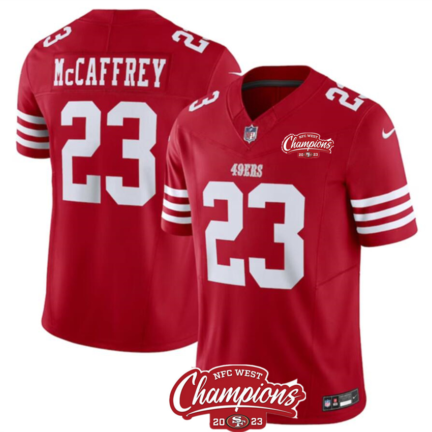Men's Red San Francisco 49ers #23 Christian McCaffrey 2023 F.U.S.E. NFC West Champions Patch Stitched Football Jersey