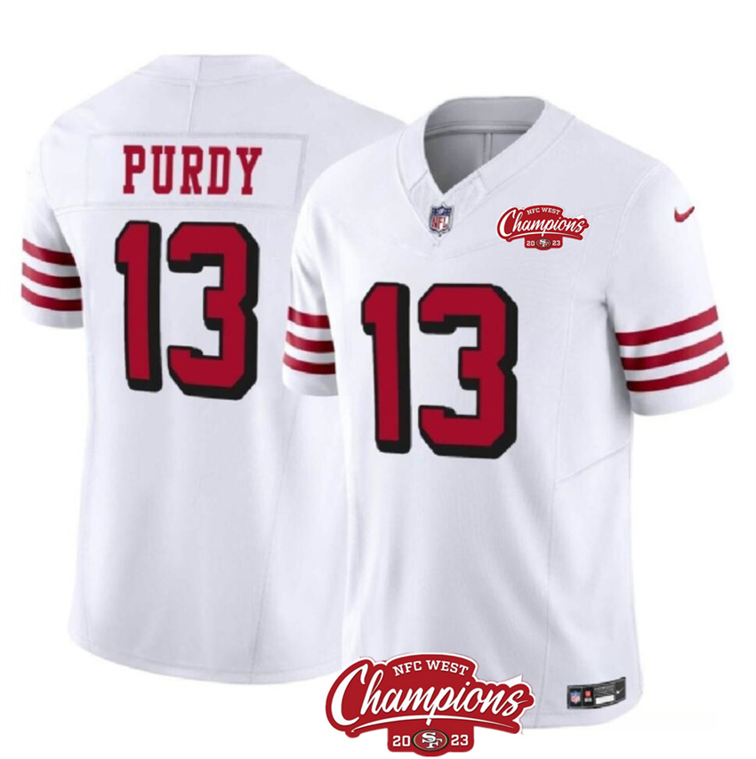 Men's White San Francisco 49ers #13 Brock Purdy 2023 F.U.S.E. NFC West Champions Patch Alternate Stitched Football Jersey