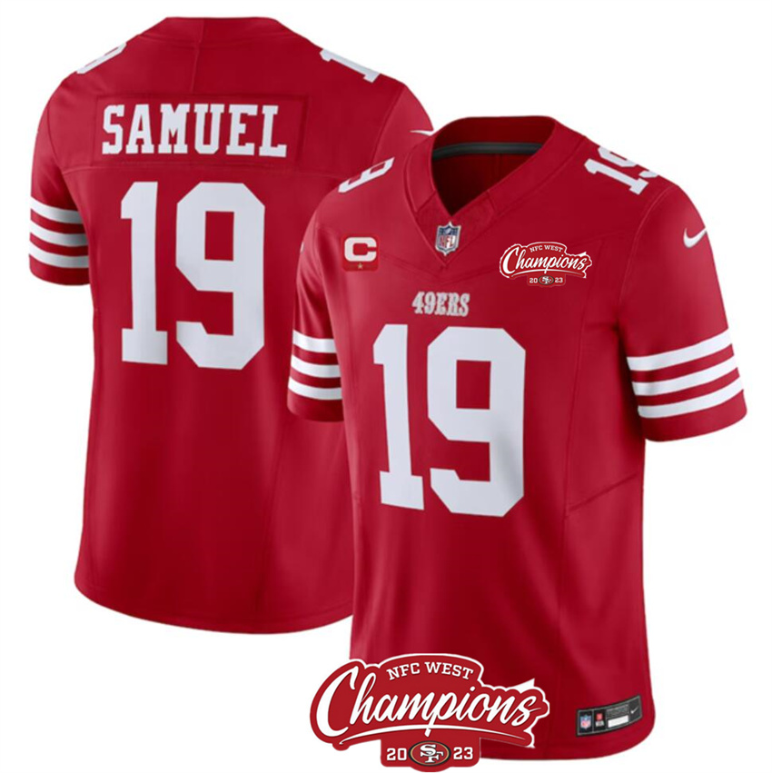 Men's Red San Francisco 49ers #19 Deebo Samuel 2023 F.U.S.E. With 1-star C Patch And NFC West Champions Patch Stitched Football Jersey