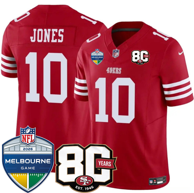 Men's Red San Francisco 49ers #10 Mac Jones 80th Anniversary And Melbourne Game Patch 2026 F.U.S.E. Vapor Untouchabl2026 F.U.S.E. Vapor Untouchable Limited Stitched Football Jersey