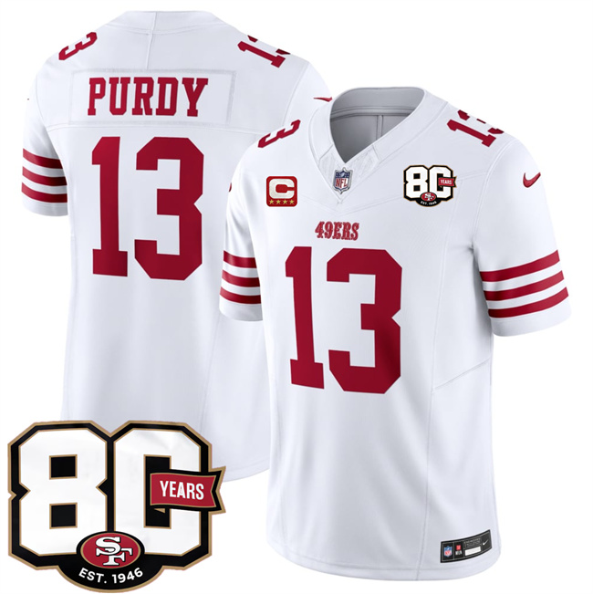 Men's White San Francisco 49ers #13 Brock Purdy 2026 F.U.S.E. With 80th Anniversary & 4-Star C Patch Vapor Untouchabl Limited Stitched Football Jersey