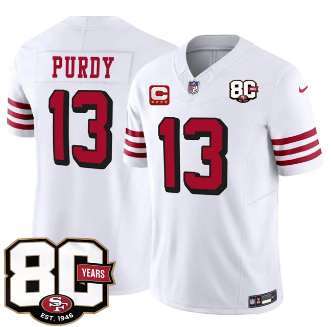 Men's White San Francisco 49ers #13 Brock Purdy New 2026 F.U.S.E. With 80th Anniversary & 4-Star C Patch Vapor Untouchabl Limited Stitched Football Jersey