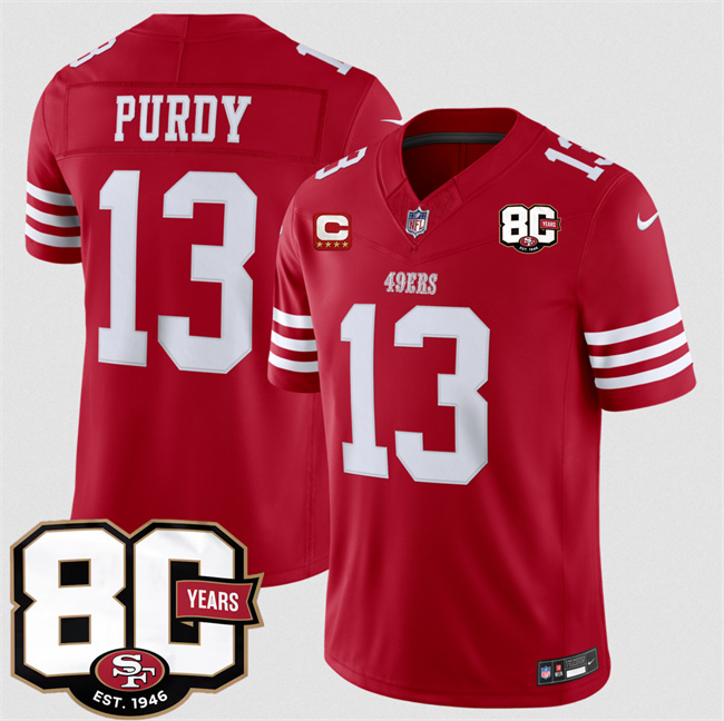Men's Red San Francisco 49ers #13 Brock Purdy 2026 F.U.S.E. With 80th Anniversary & 4-Star C Patch Vapor Untouchabl Limited Stitched Football Jersey