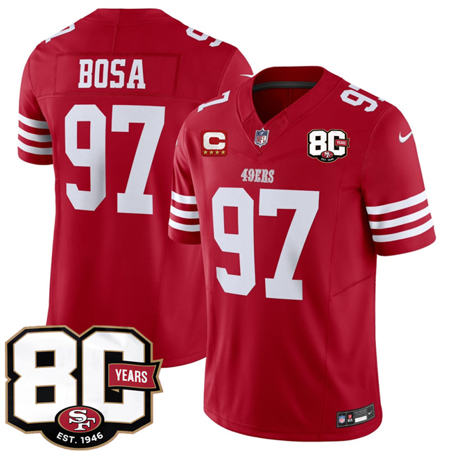 Men's Red San Francisco 49ers #97 Nick Bosa 2026 F.U.S.E. With 80th Anniversary & 4-Star C Patch Vapor Untouchabl Limited Stitched Football Jersey