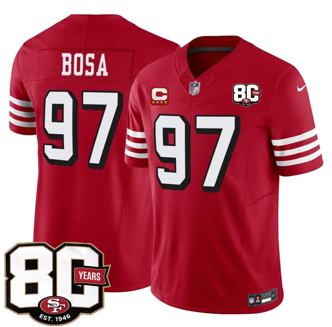 Men's Red San Francisco 49ers #97 Nick Bosa New 2026 F.U.S.E. With 80th Anniversary & 4-Star C Patch Vapor Untouchabl Limited Stitched Football Jersey