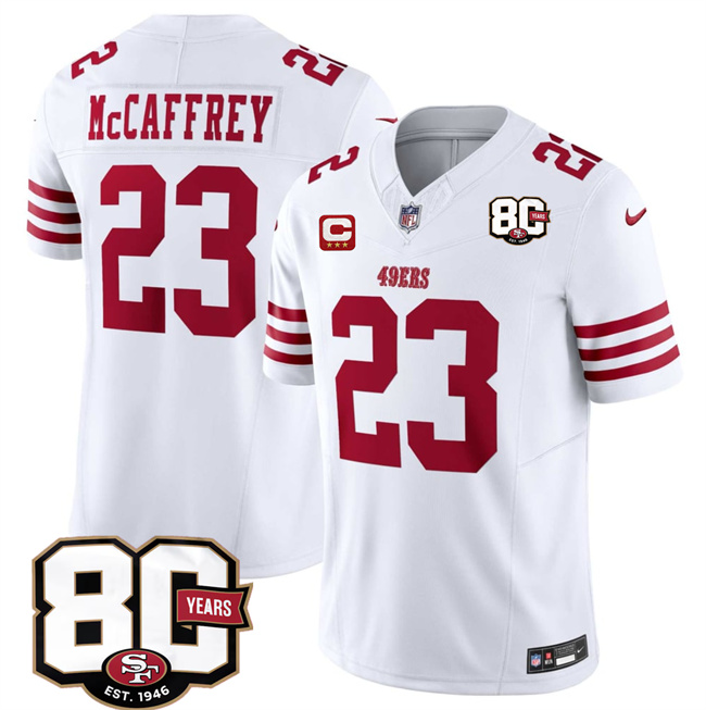 Men's White San Francisco 49ers #23 Christian McCaffrey 2026 F.U.S.E. With 80th Anniversary & 3-Star C Patch Vapor Untouchabl Limited Stitched Football Jersey