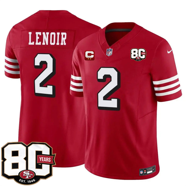 Men's Red San Francisco 49ers #2 Deommodore Lenoir New 2026 F.U.S.E. With 80th Anniversary & 2-Star C Patch Vapor Untouchabl Limited Stitched Football Jersey