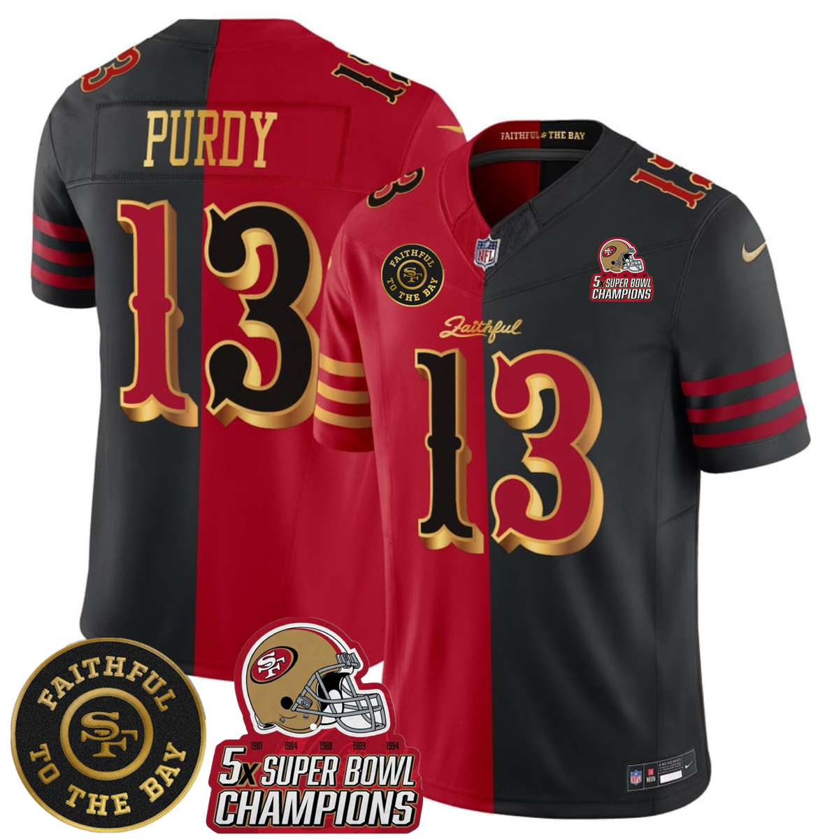 Men's Black/Red San Francisco 49ers Active Player Custom Splite F.U.S.E. Faithful To The Bay Patch And 5x Super Bowl Champions Patch Vapor Limited Stitched Football Jersey