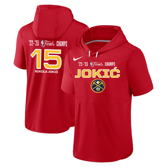 Men's Red Denver Nuggets #15 Nikola Jokic Performance Short Sleeve Pullover Hoodie