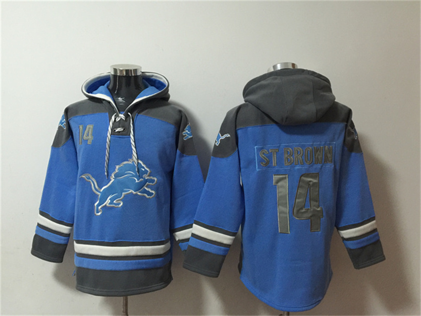 Men's Blue Detroit Lions #14 Amon-Ra St. Brown Ageless Must-Have Lace-Up Pullover Hoodie