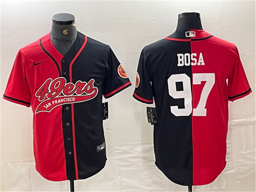 Men's Red/Black San Francisco 49ers #97 Nick Bosa Split With Patch Cool Base Stitched Baseball Jersey