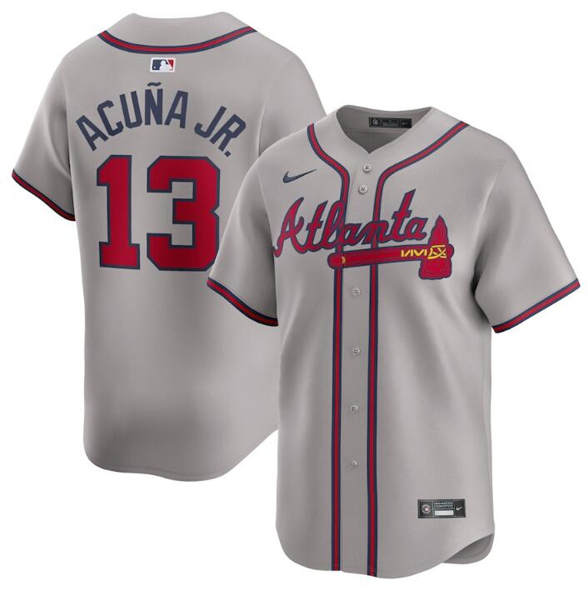 Men's Grey Atlanta Braves #13 Ronald Acuña Jr. 2024 Away Limited Stitched Baseball Jersey