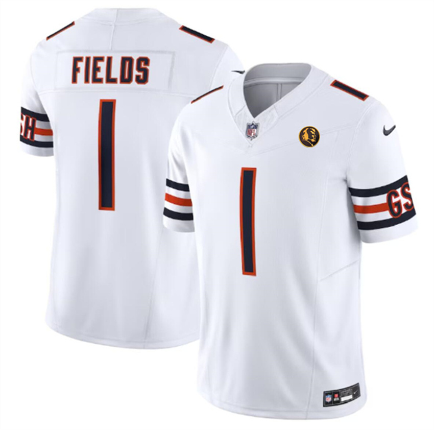 Men's White Chicago Bears #1 Justin Fields 2023 F.U.S.E. With John Madden Patch Vapor Limited Stitched Football Jersey