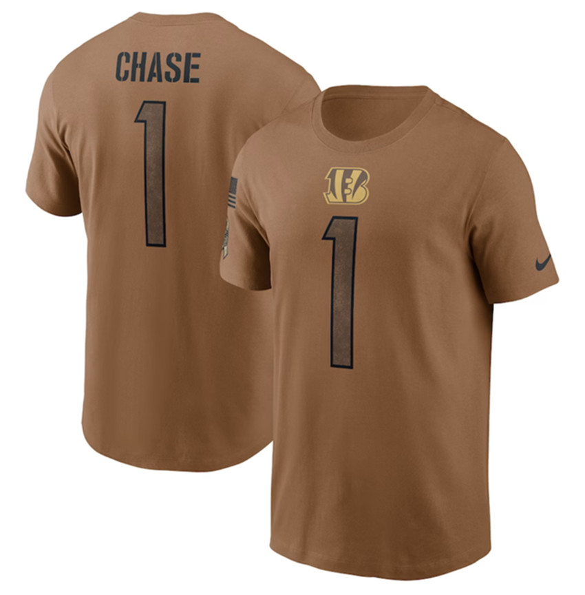 Men's Brown Cincinnati Bengals #1 Ja'Marr Chase 2023 Salute To Service Name & Number T-Shirt