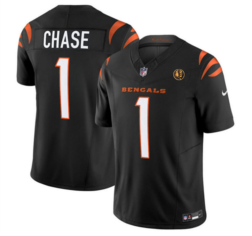 Men's Black Cincinnati Bengals #1 Ja'Marr Chase 2023 F.U.S.E. With John Madden Patch Vapor Limited Stitched Football Jersey