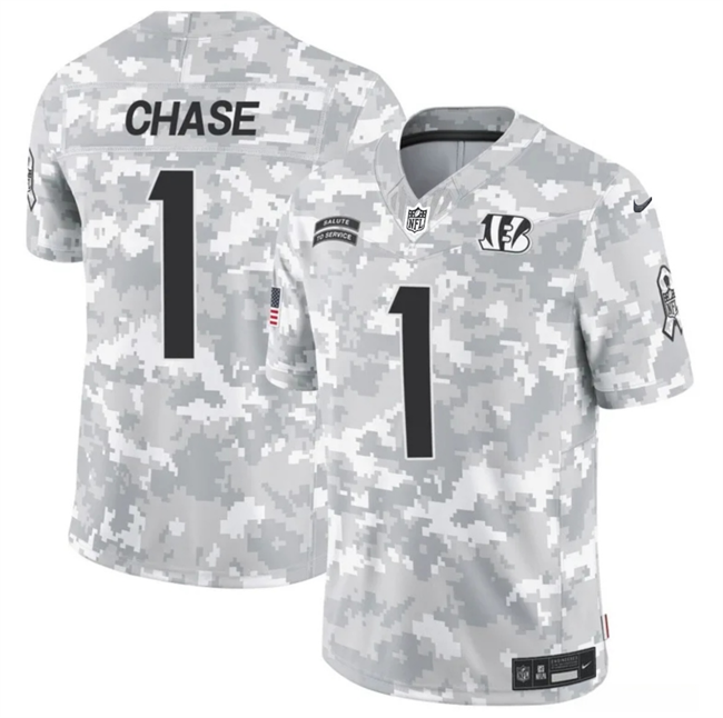 Men's Arctic Camo Cincinnati Bengals #1 Ja'Marr Chase 2024 F.U.S.E Salute to Service Limited Stitched Football Jersey