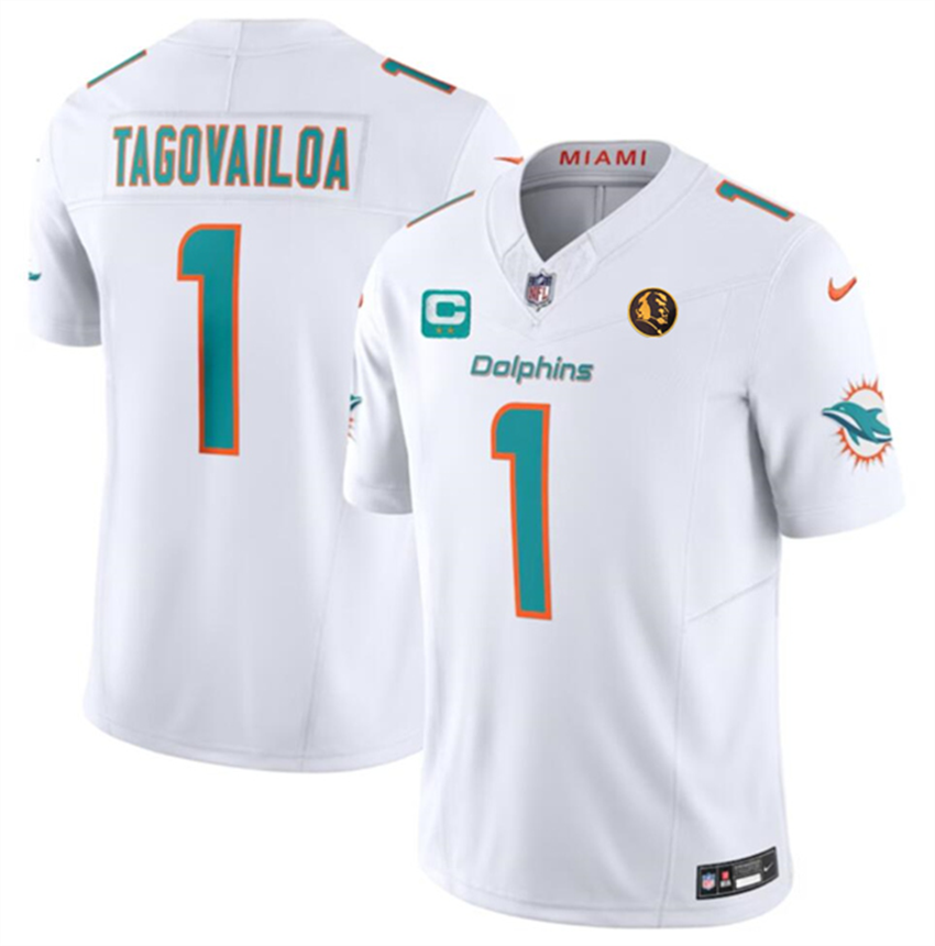 Men's White Miami Dolphins #1 Tua Tagovailoa 2023 F.U.S.E. With 2-Star C Patch And John Madden Patch Vapor Limited Stitched Football Jersey