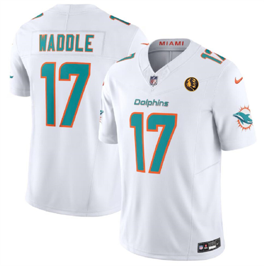 Men's White Miami Dolphins #17 Jaylen Waddle 2023 F.U.S.E. With John Madden Patch Vapor Limited Stitched Football Jersey