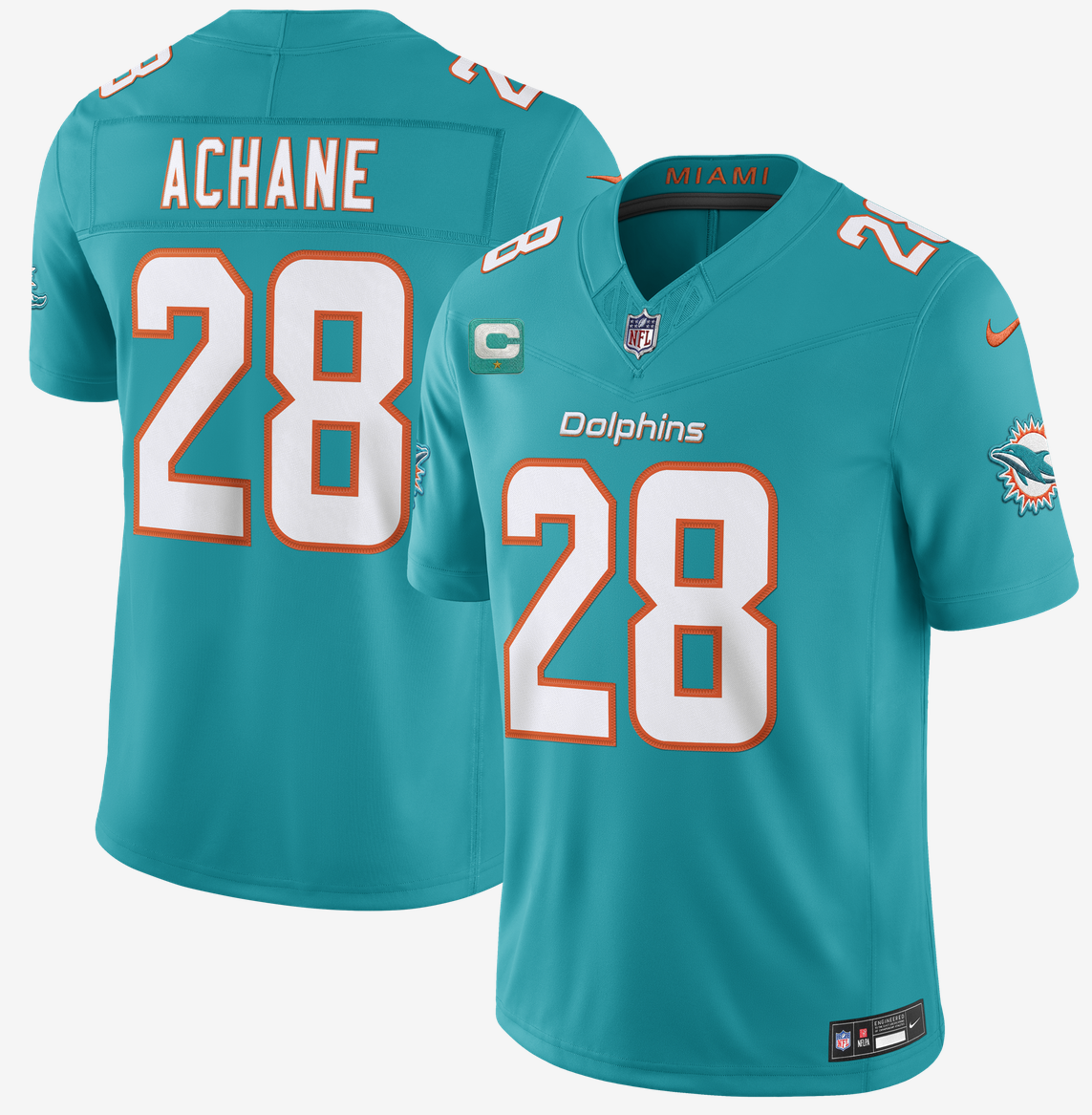 Men's Aqua Miami Dolphins #28 De'Von Achane 2026 F.U.S.E. 1-Star C Patch Vapor Limited Stitched Football Jersey