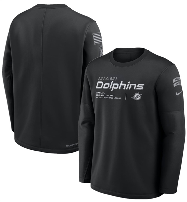 Men's Black Miami Dolphins 2026 Salute to Service Sideline Coaches Crewneck Therma-FIT Sweatshirt