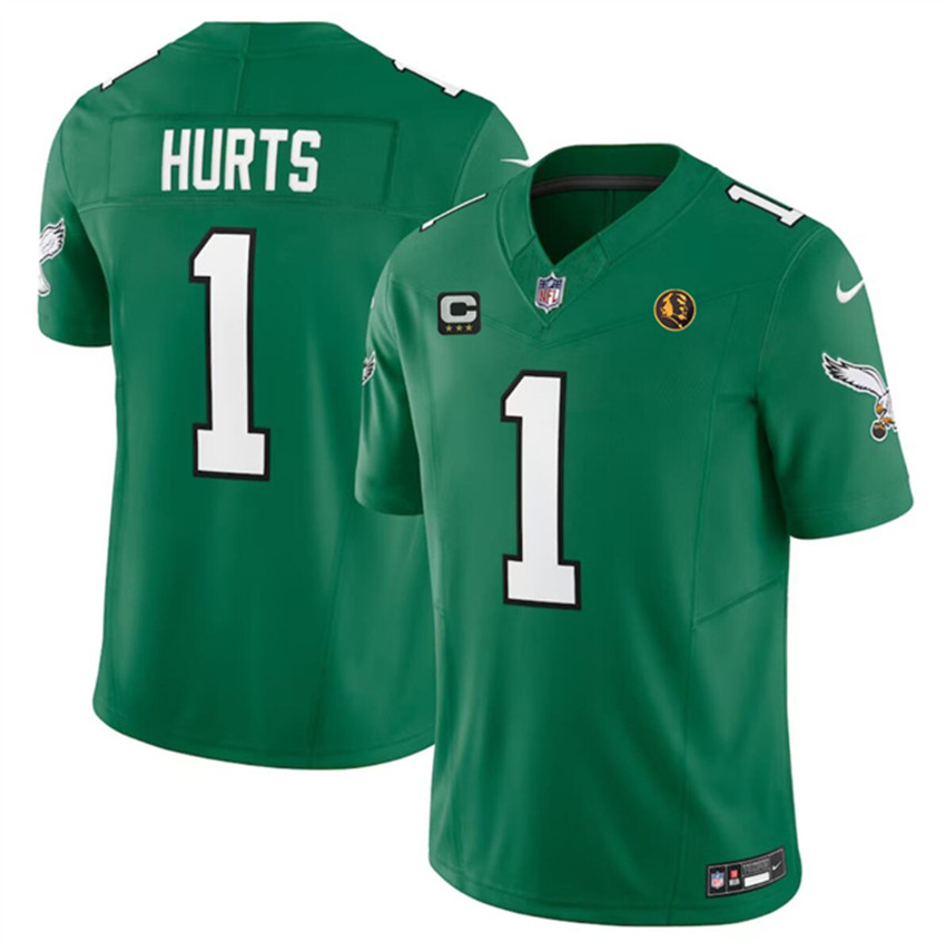 Men's Green Philadelphia Eagles #1 Jalen Hurts 2023 F.U.S.E. Throwback With 3-star C Patch And John Madden Patch Vapor Limited Stitched Football Jersey