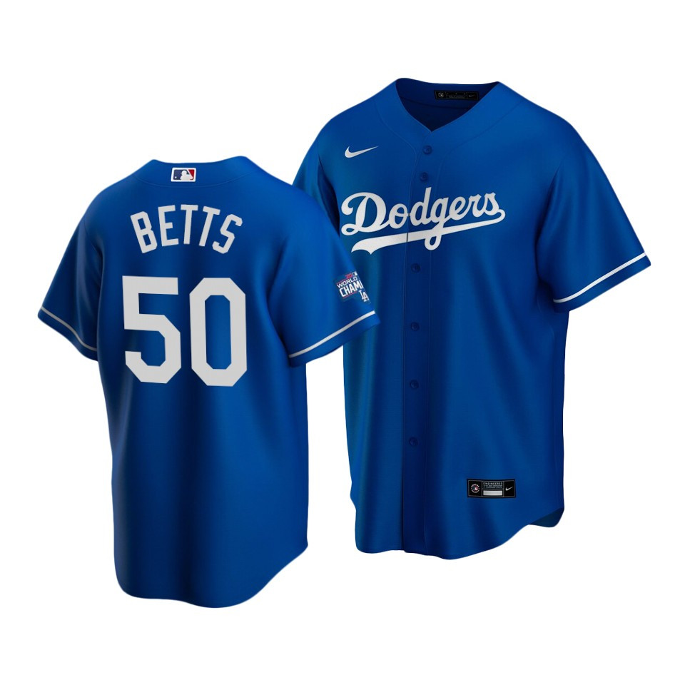 Men's Los Angeles Dodgers Blue #50 Mookie Betts 2020 World Series Champions Home Patch Cool Base Stitched Jersey