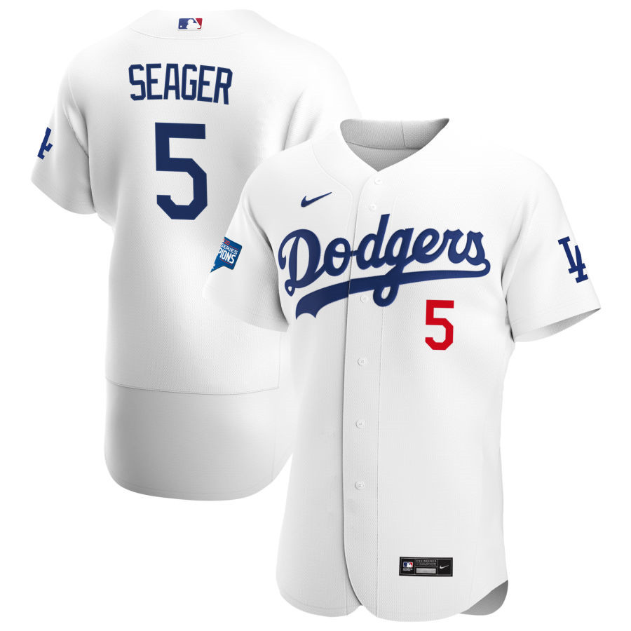 Men's Los Angeles Dodgers White #5 Corey Seager 2020 World Series Champions Home Patch Stitched MLB Jersey
