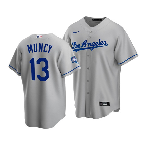Men's Los Angeles Dodgers Grey #13 Max Muncy 2020 World Series Champions Home Patch Stitched Jersey