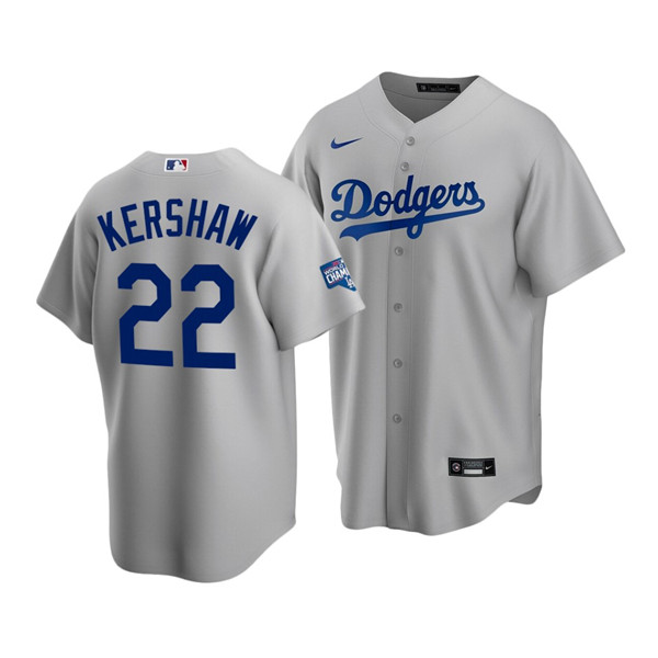 Men's Los Angeles Dodgers Grey #22 Clayton Kershaw 2020 World Series Champions Home Patch Cool Base Stitched Jersey