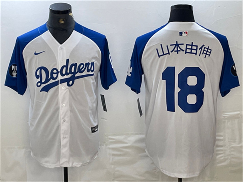 Men's White/Blue Los Angeles Dodgers #18 山本由伸 Vin Patch Cool Base Stitched Baseball Jersey