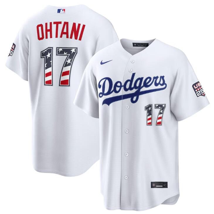 Men's White Los Angeles Dodgers #17 Shohei Ohtani 250 Fourth of July Home Stadium Stitched Baseball Jersey