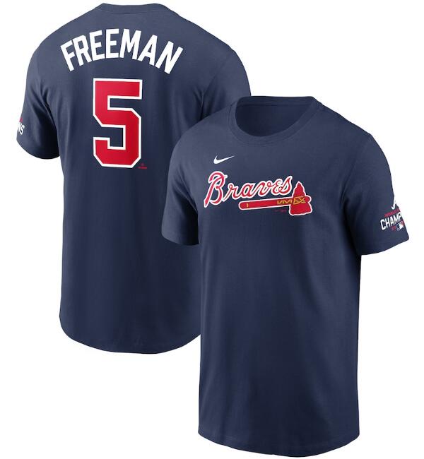 Men's Navy Atlanta Braves #5 Freddie Freeman 2021 World Series Champions Player Name & Number T-Shirt