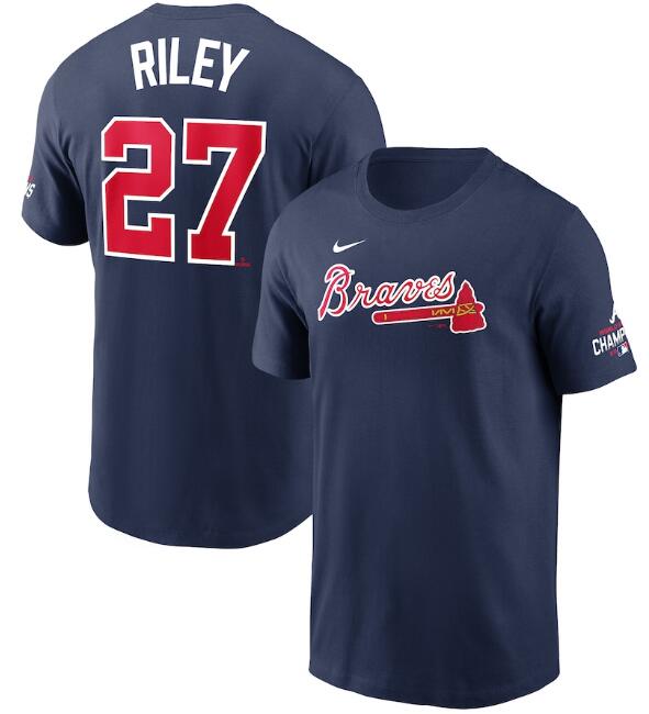 Men's Navy Atlanta Braves #27 Austin Riley 2021 World Series Champions Player Name & Number T-Shirt