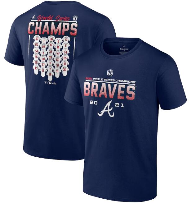 Men's Navy Atlanta Braves 2021 World Series Champions Jersey Roster T-Shirt