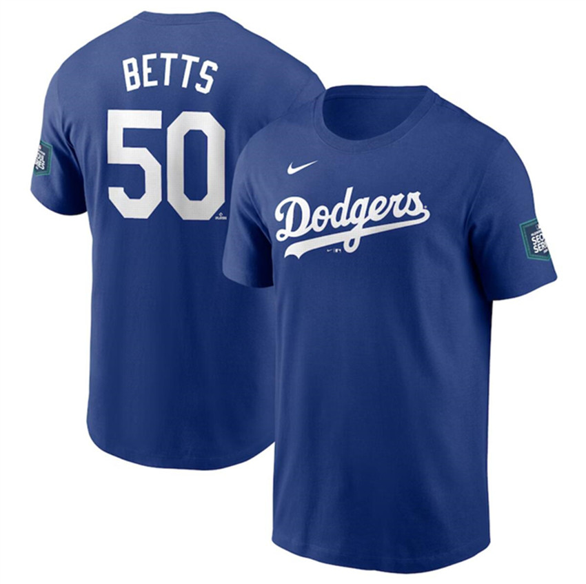 Men's Royal Los Angeles Dodgers #50 Mookie Betts 2024 World Tour Seoul Series Name & Number T-Shirt