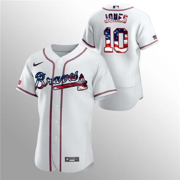 Men's Atlanta Braves White #10 Chipper Jones 2020 Stars & Stripes Flex Base Stitched Jersey