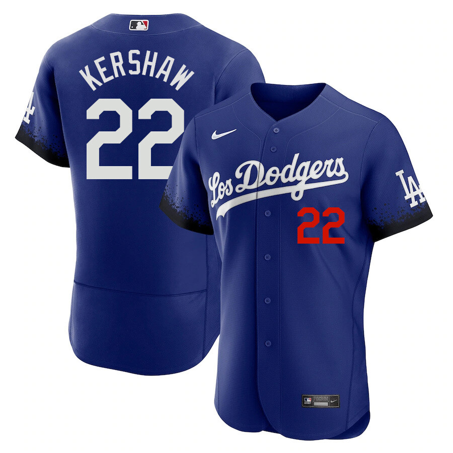 Men's Royal Los Angeles Dodgers #22 Clayton Kershaw 2021 City Connect Flex Base Stitched Baseball Jersey