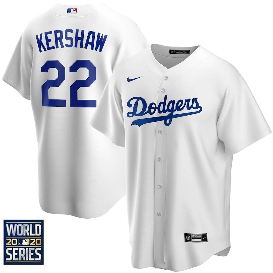 Men's Los Angeles Dodgers White #22 Clayton Kershaw 2020 World Series Bound stitched Jersey