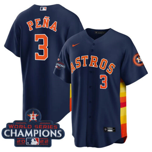 Men's Navy Houston Astros #3 Jeremy Peña 2022 World Series Champions Cool Base With No. In Front Stitched Baseball Jersey