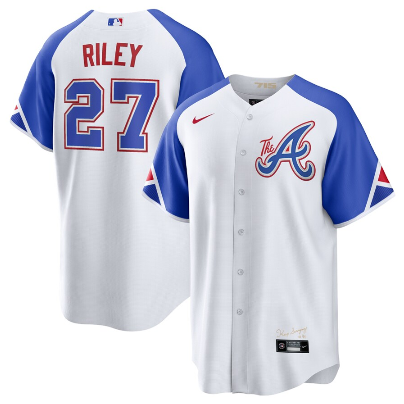 Men's White Atlanta Braves #27 Austin Riley 2023 City Connect Cool Base Stitched Baseball Jersey
