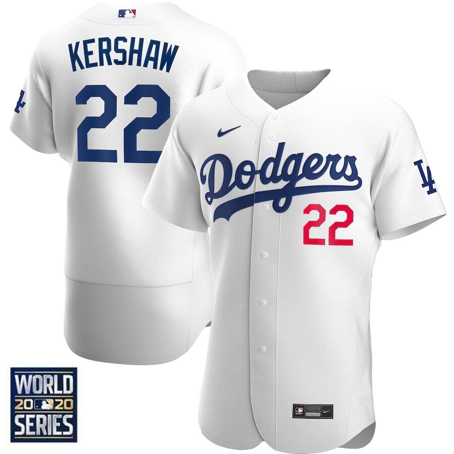 Men's Los Angeles Dodgers White #22 Clayton Kershaw 2020 World Series Bound stitched Jersey