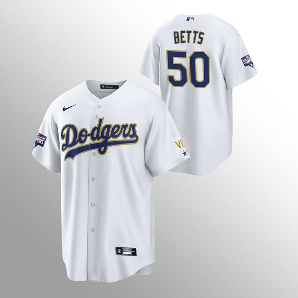 Men's White Los Angeles Dodgers #50 Mookie Betts MLB Champions Patch Gold Program Cool Base Sttiched Jersey