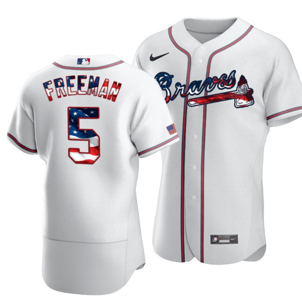 Men's Atlanta Braves White #5 Freddie Freeman 2020 Stars & Stripes Flex Base Stitched Jersey
