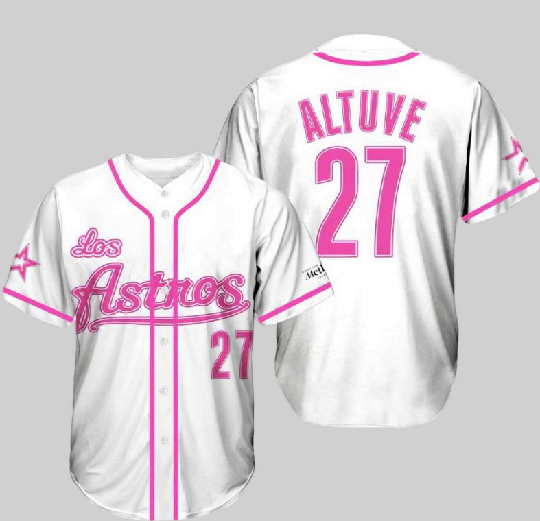 Men's Houston Astros White and Pink #27 Jose Altuve Cool Base Stitched MLB Jersey