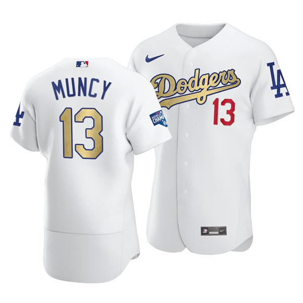 Men's Los Angeles Dodgers White Gold #13 Max Muncy 2021 World Series Champions Patch Stitched Jersey